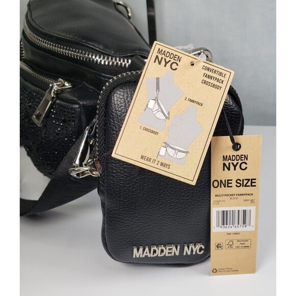 Madden NYC Womens Embellished Multi Pocket Fannypack Crossbody W/Pouch Black New - Picture 12 of 14